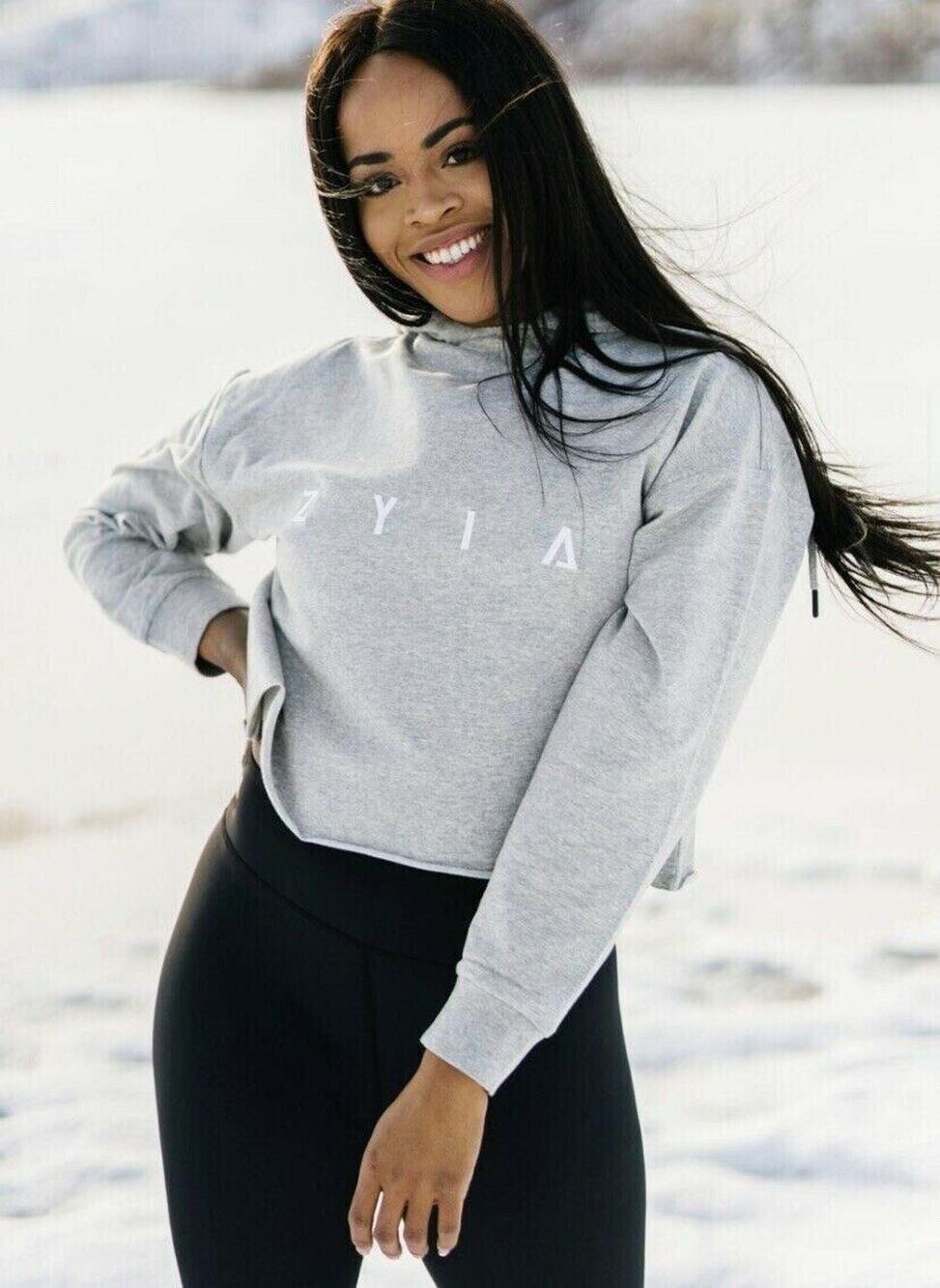 Zyia Active Cropped Hoodie M Gray Logo Raw Edge Pullover Long Sleeve
